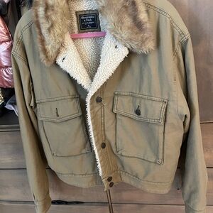 Abercrombie & Fitch Khaki Jacket with Faux Fur Trim
